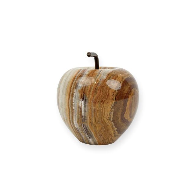 Paperweight Marble Agate Apple Home Decor Brown Cream Color Bands Metal Stem - Picture 8 of 10